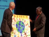 the artpiece reads &quot;I love the world peace&quot; in chinese