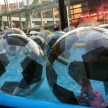 kids floating on water in giant balls