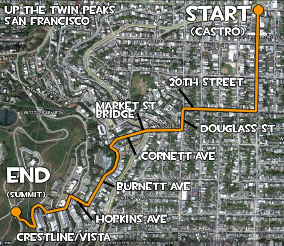 Map from Castro to Twin peaks,  San Francisco