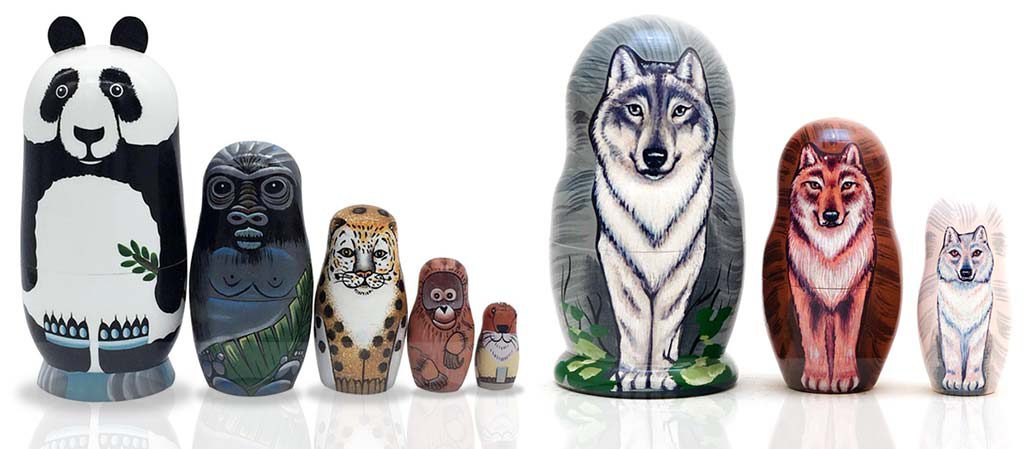 Additionally interesting selections of newer animal-themed Russian matryoshka dolls