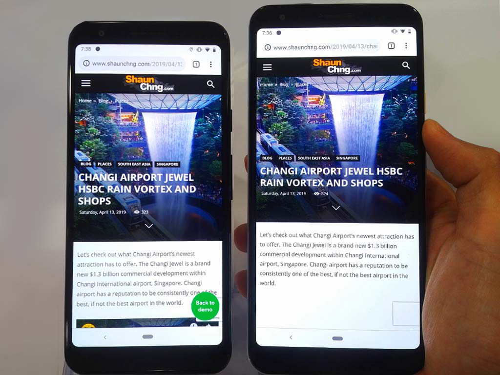 Chrome on the smaller Pixel 3a on the left compared to the XL version on the right. Note how the same paragraph of text is able to overflow less with the larger XL screen on the right, despite having a lower DPI