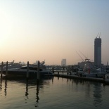 A marina sits just off the shopping center