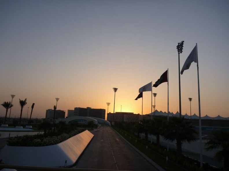 The track grounds and sunset from Yas Hotel