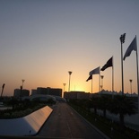 The track grounds and sunset from Yas Hotel