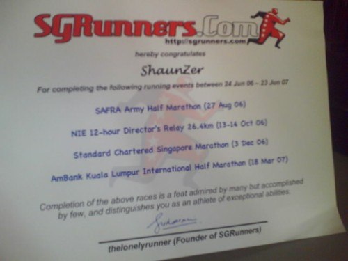 My SGRunners Achievement Certificate!