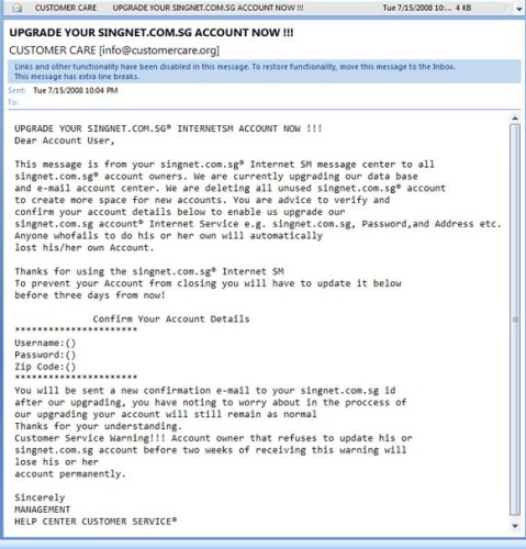 Fake Singnet ISP phishing email 2008