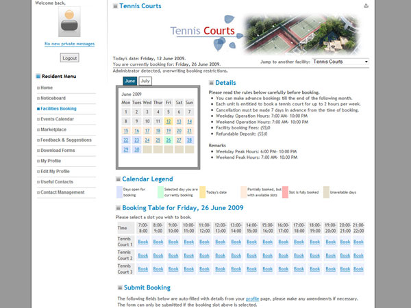 Booking calendar interface