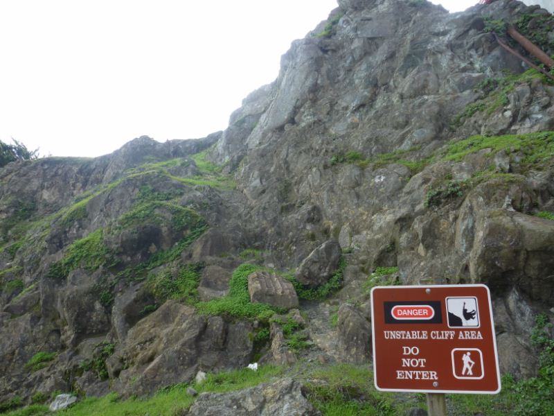 The precarious rock faces under the bridge