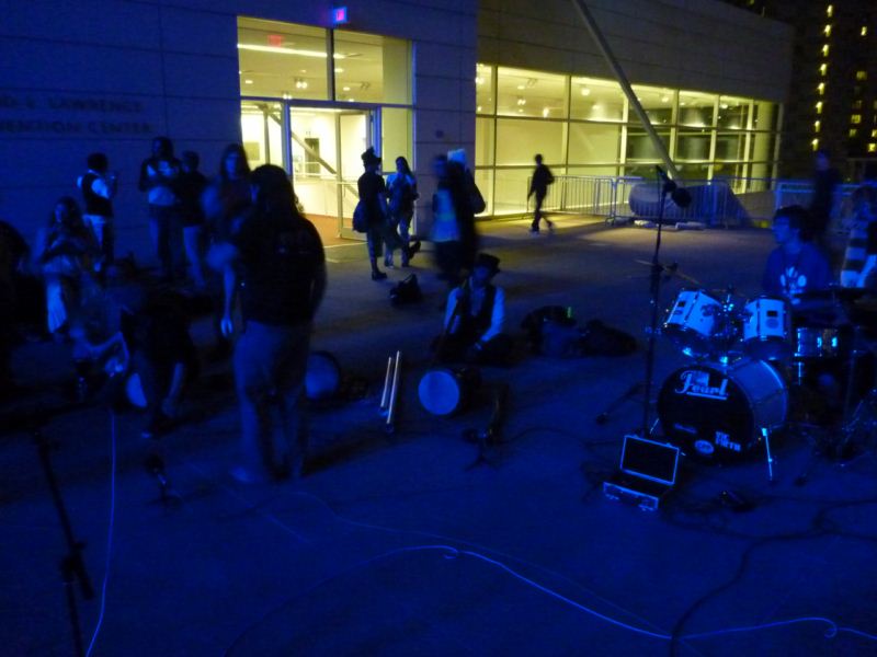 A percussion group playing on the roof