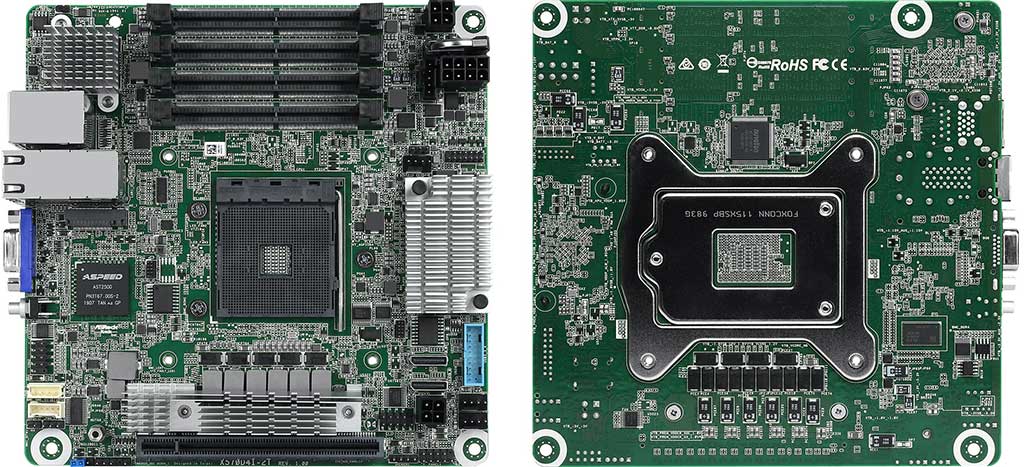 The front and rear of the Asrock X570D4I-2T, with the 4 so-DIMM and M.2 slot slots on the top. There are no IO on the rear of the board, which is disappointing as it could house at least one more M.2 slot