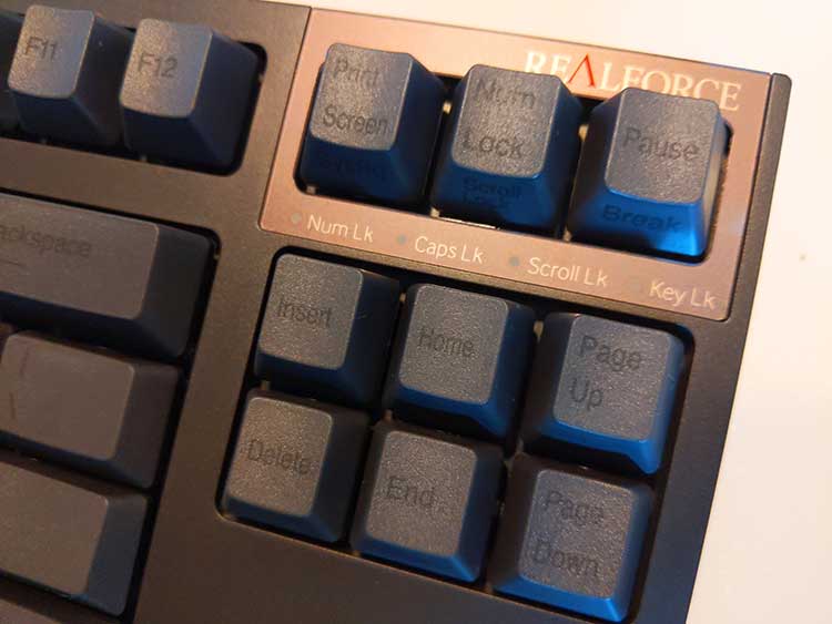 The keyboard has a full sized insert, end delete section with Caps, Scroll and Numpad LED indicators on the top right