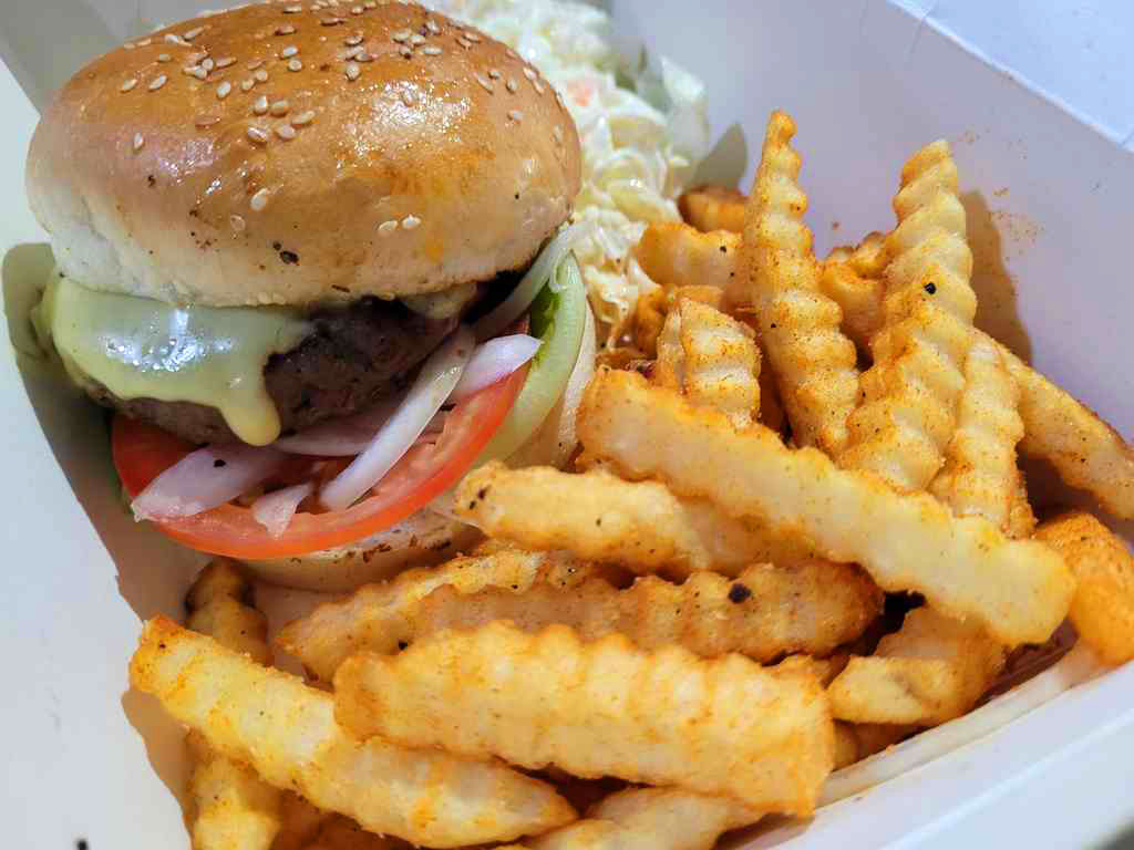 Original Botak Jones Botak Burger with Cajun Fries.