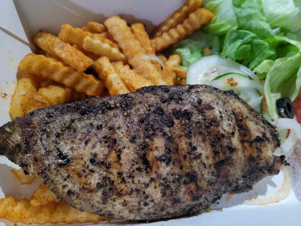 Original Botak Jones Black pepper chicken with salads and fries as sides ($7.50).
