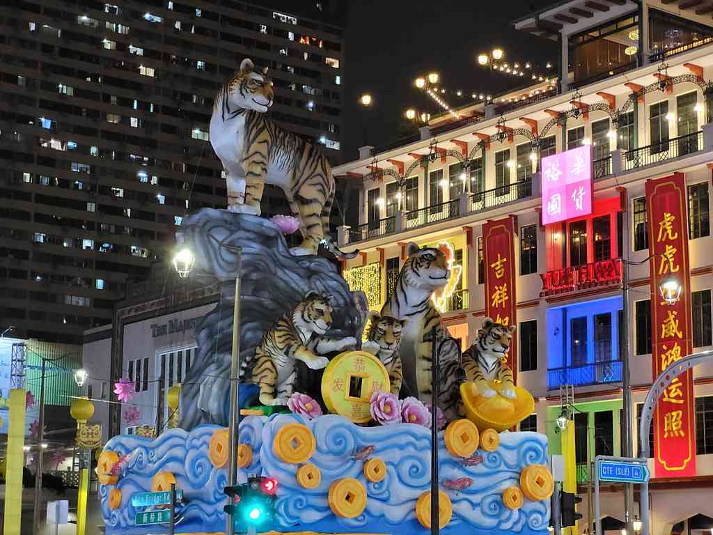 The large tiger lantern light up at the Chinatown point cross road junction at night