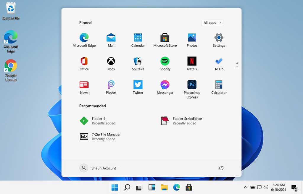 The new start menu of Windows 11