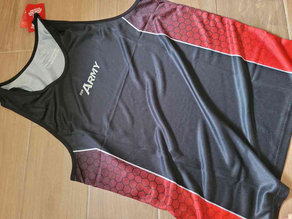 The front of the Army Half Marathon 2022 official running singlet. This variant is available for NSmen and SAF regulars