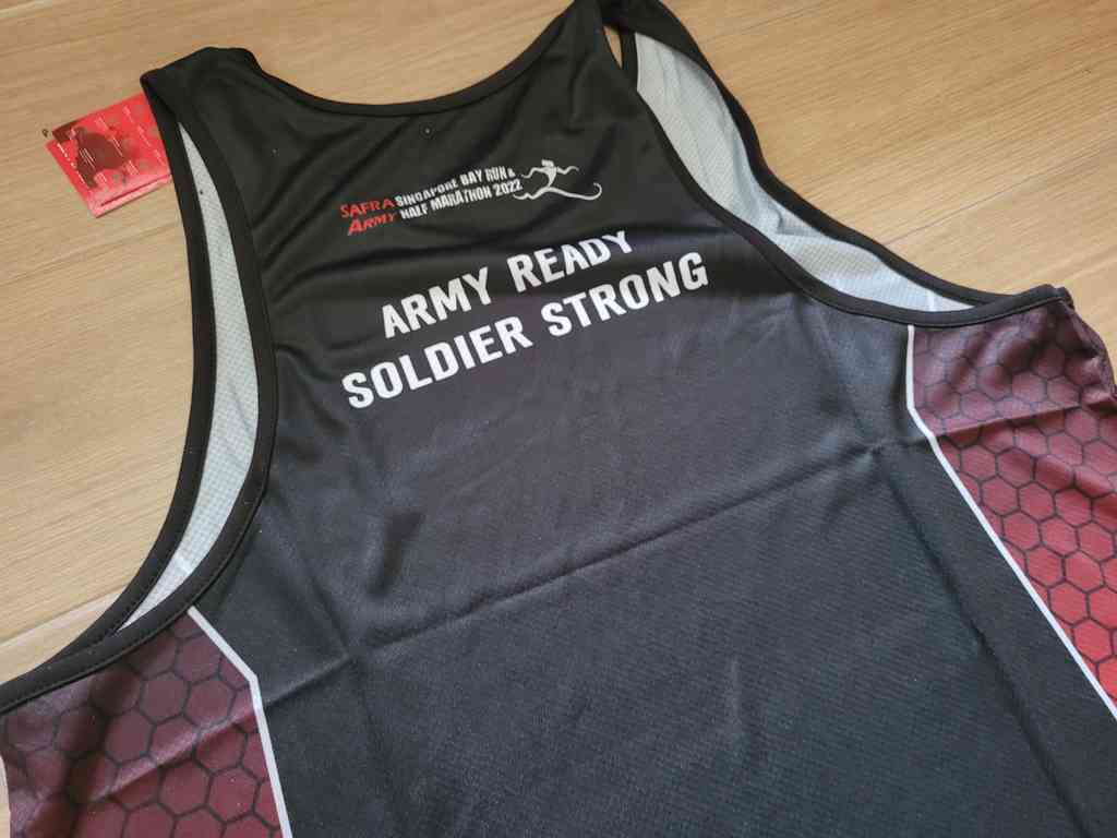 The rear of the Army Half Marathon 2022 official running singlet. With the soldier strong tagline similar to last year